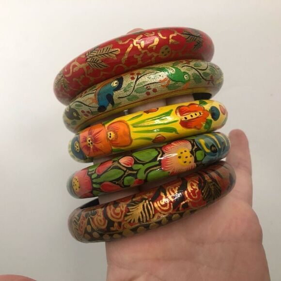 vtg handpainted light weight wooden bangles tropical summer bohemian colorful - Picture 3 of 7